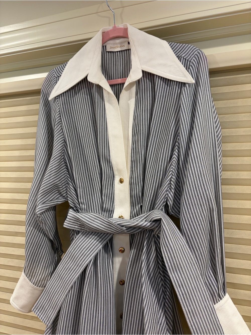 NWOT Zimmermann Gray Striped Shirt Dress with White Trim, Size AU 2 = M - Picture 4 of 9